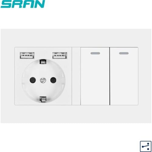 SRAN EU socket with rocker switch,220v 16A wall power socket with usb 146mm*86mm White pc panel with light switch 2gang 2way