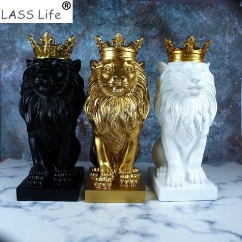 New Creative Modern Golden Crown Black Lion Statue Animal Figurine Sculpture Home Decorations Attic Ornaments Art Crafts Gifts