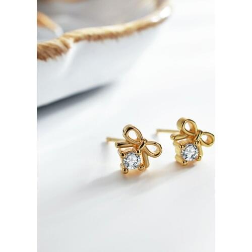 New Gold Plated Mini Bow Stud Earrings Korea Glamour Ladies Exquisite Bow Zircon Earrings Elegant Ladies Wedding Party Jewelry