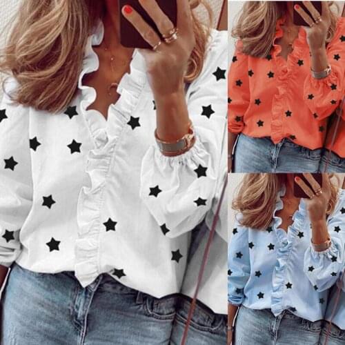 S-3XL Star Printed Autumn Women Blouse Plus Size Tops V Neck Long Sleeve Female Blouses 2021 Fashion Loose Casual Ladies Clothes