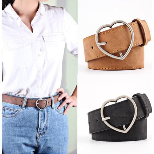 Women Matte Leather Belt Fashion Heart Metal Buckle Waist Belt Female Leisure Dress Jeans Wild Without Pin Belt Strap