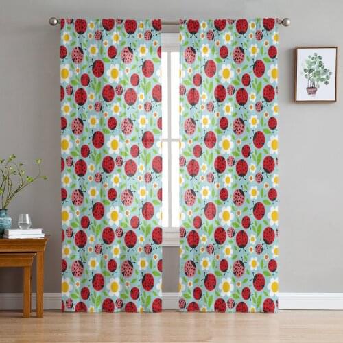 Hand Painted Little Daisy Ladybug Sheer Curtains for Living Room Bedroom Kitchen Tulle for Windows Voile Drapes Home Decoration