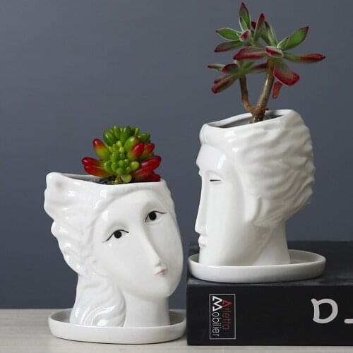 Modern Humanoid Ceramics Flower Pot Portrait Head Vase Balcony Succulents Plants Bonsai Pot Crafts Garden Decoration Accessories