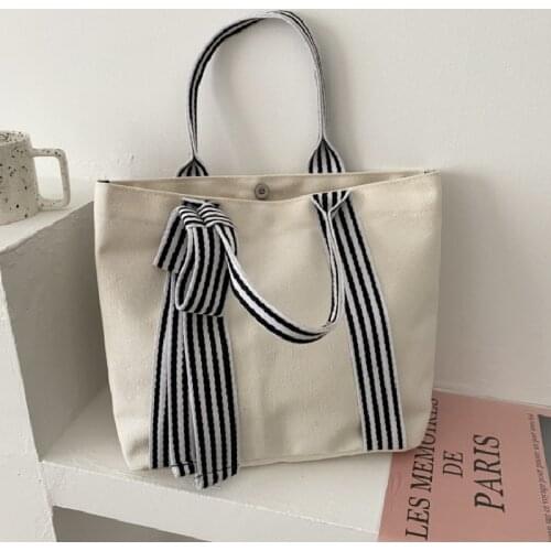 Women Shoulder Bags Bow Tote Bag Ladies Designer Large Capacity Canvas Bag Striped Strap Ins Casual Cloth Bags Сумка Женская