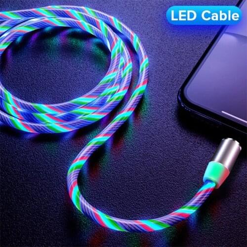 LED Magnetic Cable 1M USB Type C Cord Flow Luminous Lighting Data Wire For iPhone Samsung Huawei Xiaomi Mobile Phone Micro Cable