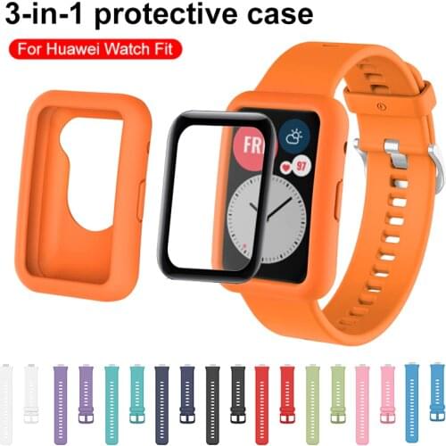 3-in-1 Protective Case on for Huawei Watch Fit Smart Watch Shell + Film Silicone Fitness Sport Strap kit Replacement Wrist Band