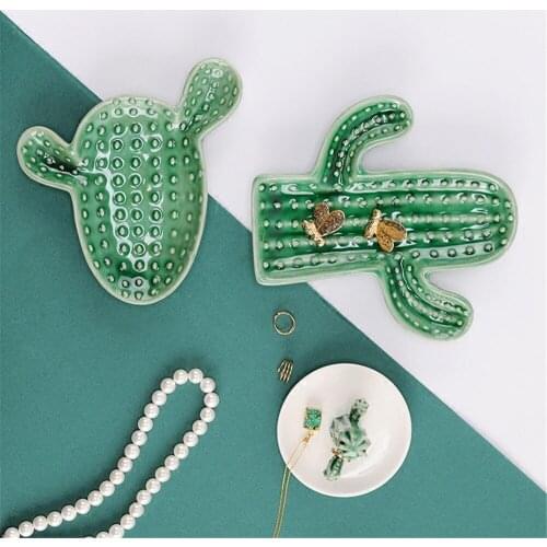 Green Cactus Jewelry Tray Nordic Ceramic Storage Trays Desktop Fruit Dessert Dish Table Decoration Props