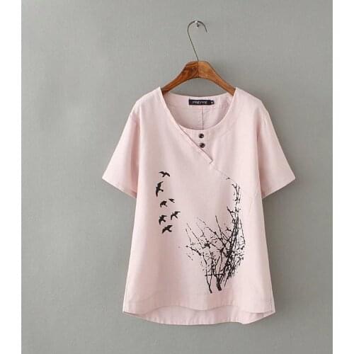 Plus size XXXL linen cotton Appliques Asymmetrical summer women t shirt 2017 fashion short sleeve flower lady Beige shirt femme