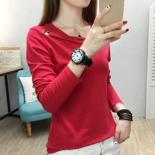 Tee shirt Femme Rivet V-Neck T Shirt Women Long Sleeve Cotton New 2021 Autumn Womens Tops Casual Woman Clothes T-Shirt Female
