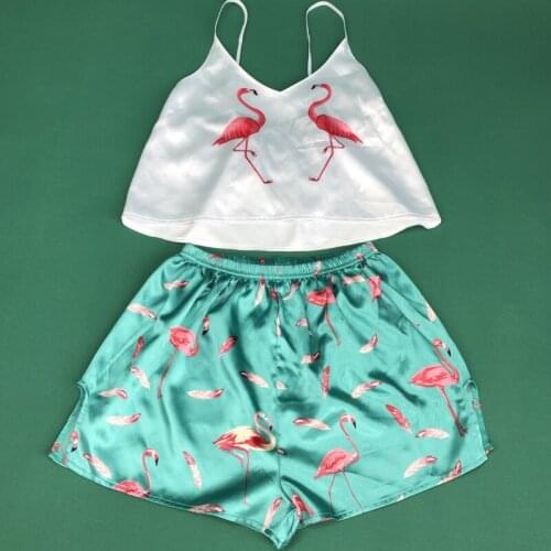 Women Animal Cartoon Printed Soft Slik Sleepwear Tops Vest Shorts Set Pyjamas Women Spaghetti Strap Loose Pijama Satin Femme