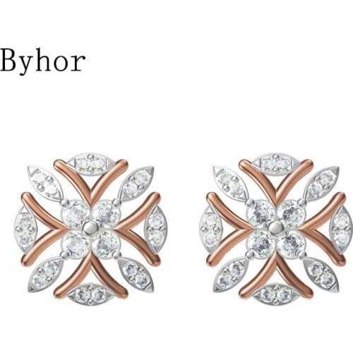 Byhor Solid 14K White/Yellow+White/Rose+White Gold 0.368ct H/SI Natural Diamonds Stud Earrings Women Cерьги Fine Jewelry Wedding