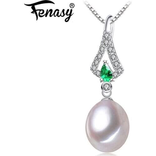 FENASY Bohemian 925 Sterling Silver Green Crystal Pendant Natural Pearl Pendant Necklaces For Women Bohemian Jewelry