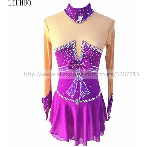 Figure Skating Dress Womens Girls' Ice Skating Dress Stand collar long sleeve Purple handmade bow decoration Sparkling Drilling