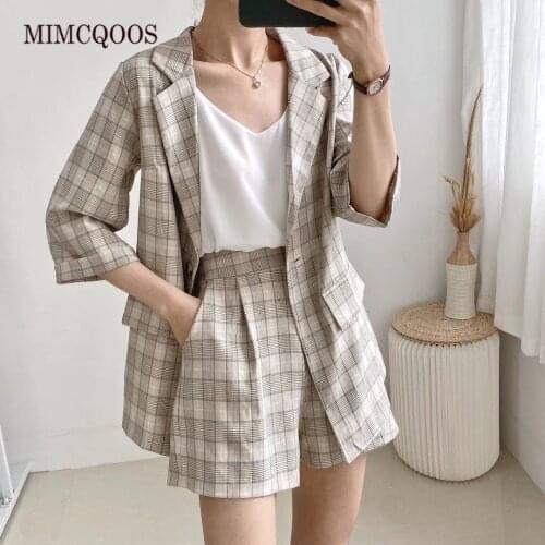 2021 New Korean Summer Blazer Coat Women Leisure British Style Notched Office Lady Half Sleeve Plaid Suit + Shorts 2 Pieces Set