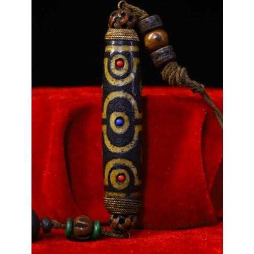 5"Tibet temple Old Natural agate Filigree Gem Nine Eyes Dzi Bead Pendant Amulet Town House Exorcism Ward off evil spirits