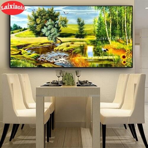 Laixiaoli Full Diamond Embroidery Green Tree lake Diy Diamond Painting Natural landscape handmade Drill Mosaic Crafts decor