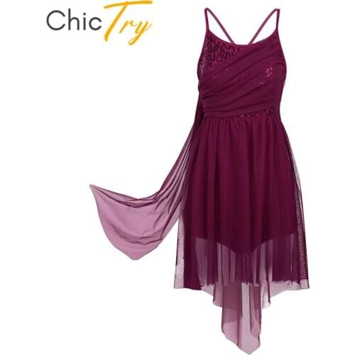 ChicTry Women Spaghetti Straps Ballet Leotard Shiny Sequin Ballet Tutu Mesh Dress Adult Stage Performance Lyrical Dance Costumes