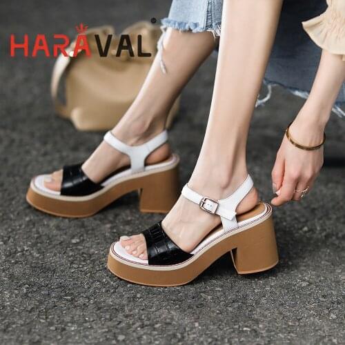 HARAVAL Women Sandals Shoes Elegant High Heels Fashion Thick Bottom Genuine Leather Casual Classics Patchwork Shoes Women B238