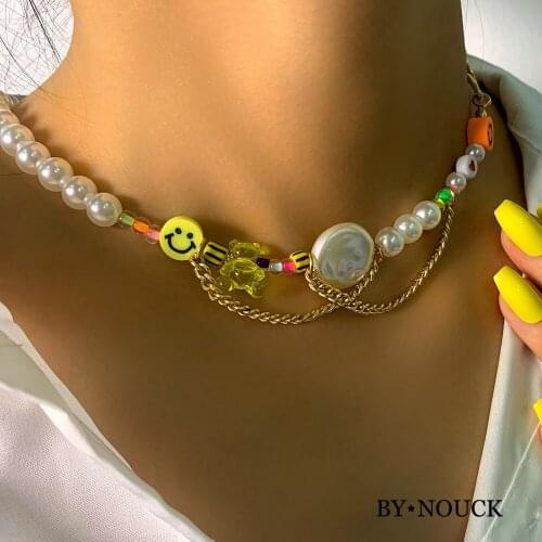 BOHO Rainbow Smiley Pearl Beads Chain Choker Evil Eye Butterfly Charm Baroque Pearls Beaded Necklaces Chunky Chain Women Jewelry