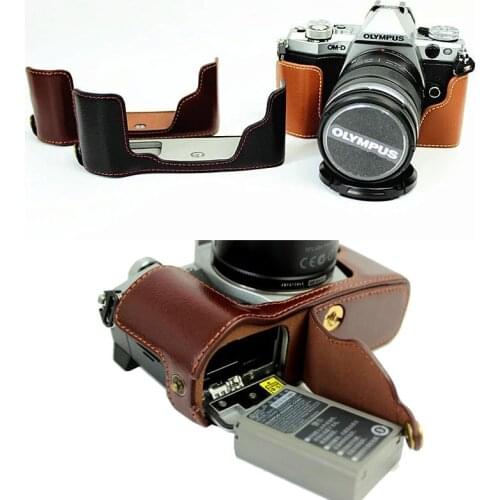 AYdgcam Genuine Leather Camera Case Bag Half Body Bag For Olympus EM5 II EM5 Mark II Open battery Black Coffee Brown