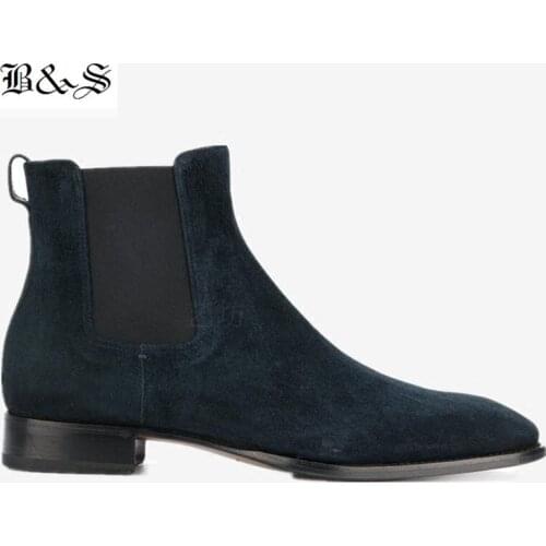 Black& Street Handmade Euro Fashion Pointed Toe Classical Men Chelsea Boots Dark Blue SUEDE Leather Slip On Harris wyatt Boots