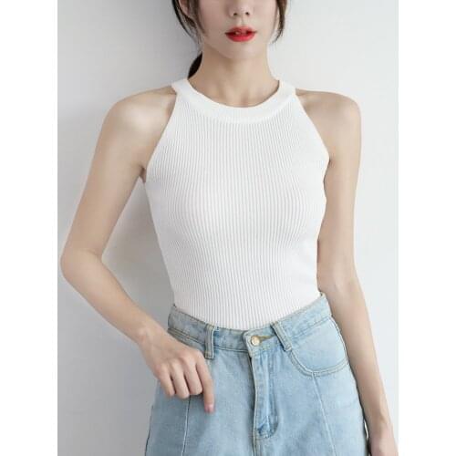 Women Round Neck Tank Top Female Chic Plain Knitted Off Shoulder Tops O-Neck Streetwear Tee Solid Basic Tops For Women Summer