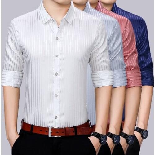Man Silk Shirts New 2020 Leisure Striped Silk Clothes Long Sleeve Male Silk Dress Shirts