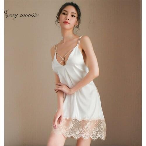 Sexy mousse Nightdress for woman female sloth long sleep nightie adult open back side open lace temptation sleepwear sloth