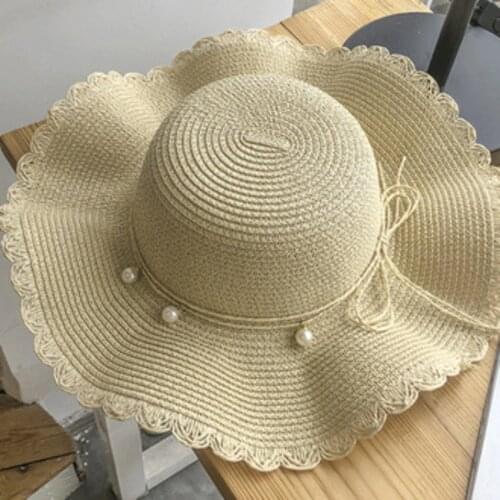 Weaved Crushable Beach Big Straw Hat Large Floppy Foldable Roll upSun Hat Accessories Summer Caps Pearl Belt Beach Sun Hat