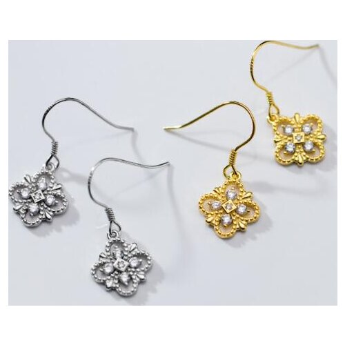 Authentic Real. 925 STERLING SILVER CZ Hollow Flower Lace Dangle Earrings long GTLE2921