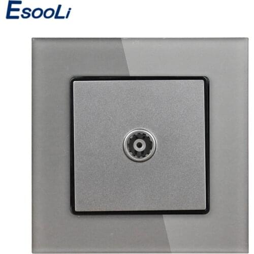 Esooli Grey Luxury Crystal Glass Panel 1 Gang Female TV Jack Socket Wall Power Socket 86*86 mm