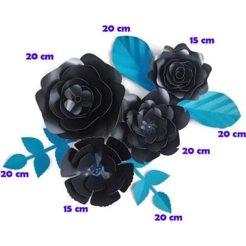 DIY Giant Paper Flowers Artificial Rose Fleurs Artificielles Backdrop 4pcs+ 4 Leave Wedding Party Decor Nursery Glittered Black