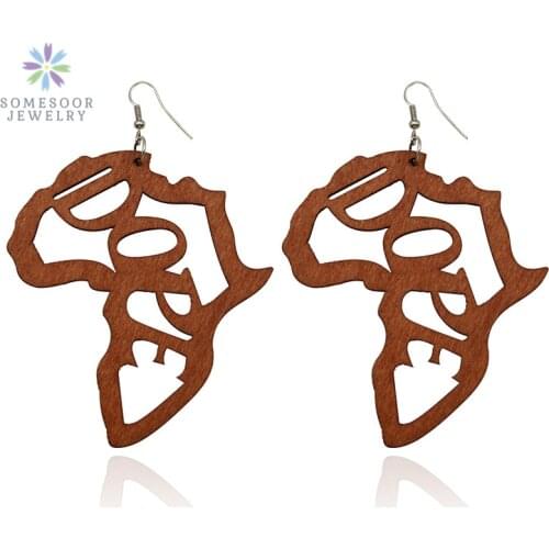 SOMESOOR Laser Carved Dope African Map Wooden Drop Earrings Afro Ethnic Motherland Design Wood Dangle Jewelry For Women Gift