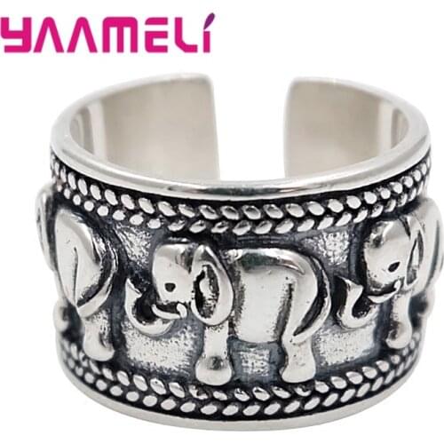 S925 Sterling Silver Indian Stylish Wide Band Rings Old Fashion Elephant Painting Opening Adjustable Finger Accessories Bijoux