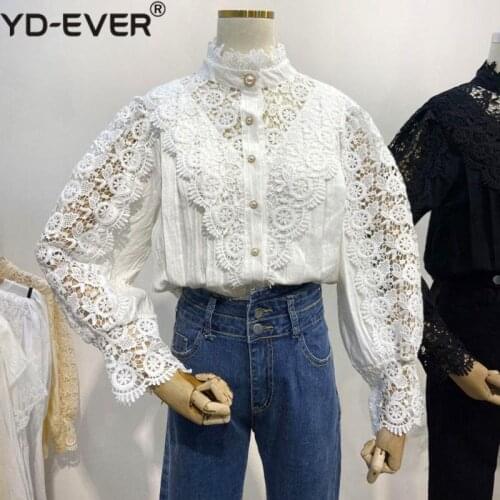 New 2020 Spring Summer Womens Blouse Patchwork Lace Single-breasted Stand Collar Hollowing Out Casual Shirts BL5029