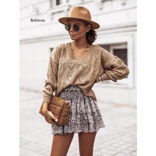 Womens Sweatershirts Heart Hollow Out Boho Knitting Tunic Top Jumper Mujer Loose Womens Sweater Knitted Pullover