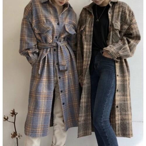 Women Autumn Winter Long Woolen Plaid Shirt Coat Long Sleeve plus size Bandage Elegant Overcoat Outwear vintage Jacket Cloak