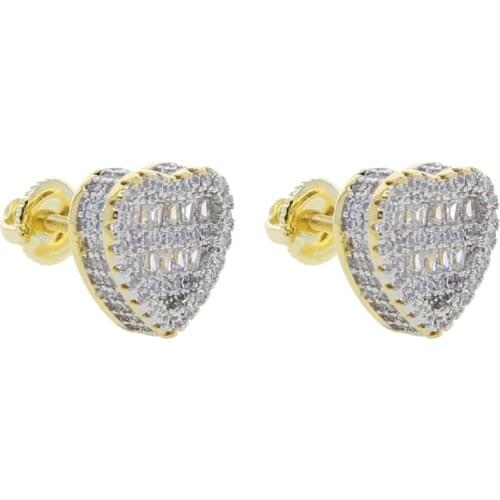 Hip Hop Iced Out Round Heart Shaped Bling CZ Stud Earring Gold Color Full Cubic Zircon Screw Back Earrings Jewelry For Women