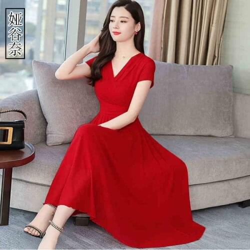 New Summer Dresses Women Boho Chiffon Long Dress Sexy V-neck Solid Beach Dress Slim Plus Size Womens Office Dress Vestidos J143