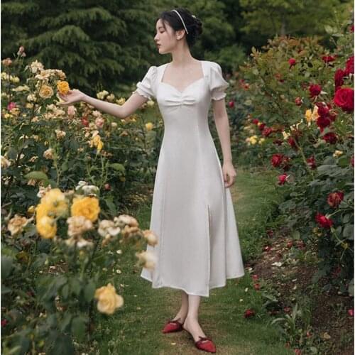 2021 Summer French Hepburn Style Black Temperament Dress Fashion Elegant Puff Sleeve Square Neck Retro Dress Vestidos