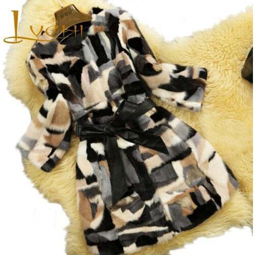 LVCHI Womens Winter Coat Camouflage Color Young Woman Round Neck Leather Parka Real Fur Warm Short-Sleeve Skin vest OL Mink Fur