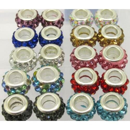10mm*14mm mixed hfg343 wholesale resin rhinstone bracelet making silver plated Crystal Big Hole Beads European Charm bead