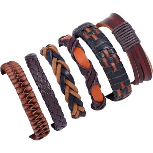 6 PCS Handmade Mens Vintage Woven Cowhide Bracelet Braided Leather Bracelets Bangles