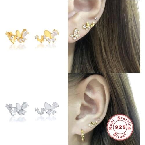 GS 925 Sterling Silver Cute Two Butterflies Stud Earrings for Women Girls Student Mini Rhinestone Jewelry Fashion Pendientes