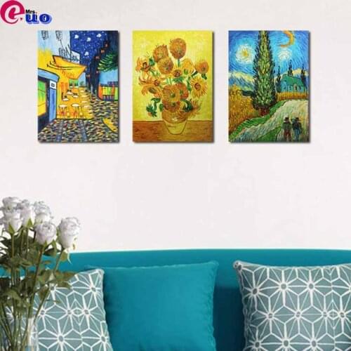 Diamond Embroidery Famous Painting Triptych"Sunflower,Town Night" Diamond Mosaic Diamond Painting Starry Sky Pictures Wall Decor
