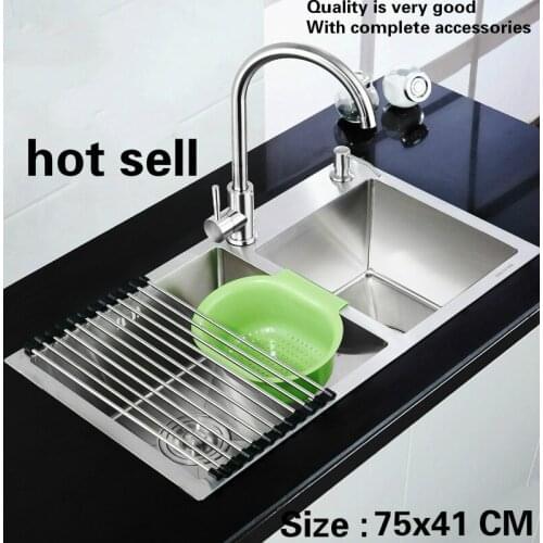 Free shipping Household standard durable kitchen manual sink double groove wash the dishes 304 stainless steel hot sell 75x41 CM