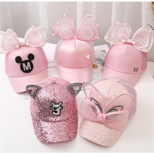 2-8years Old Children Big Bow Cartoon Baseball Cap Girls Pearl Snapback Sun Protection Caps Mesh Rabbit Ear KidsTrucker Sun Hat