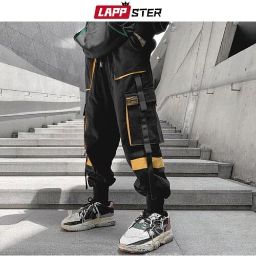 LAPPSTER Men Hip Hop Streetwear Patchwork Punk Pants 2021 Spring Mens Japanese Fashion Black Cargo Sweatpants Man Harajuku Pants