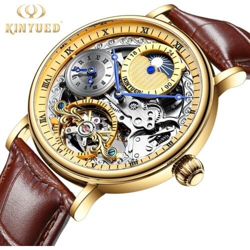 KINYUED Tourbillon Automatic Watch Men Gold Multiple Time Zone Mechanical Watches Mens Steampunk relogio automatico masculino