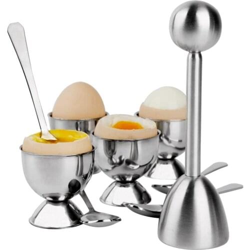 Stainless Steel Egg Cracker Topper Set,Hard Boiled Eggs Separator Holder,4 Spoons,4 Cups,1 Shells Remover Top Cutter Retail